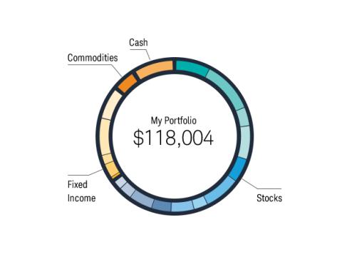 Donut chart showing breakdown of different funds that make up a portfolio, including commodities, cash, fixed income and stocks.